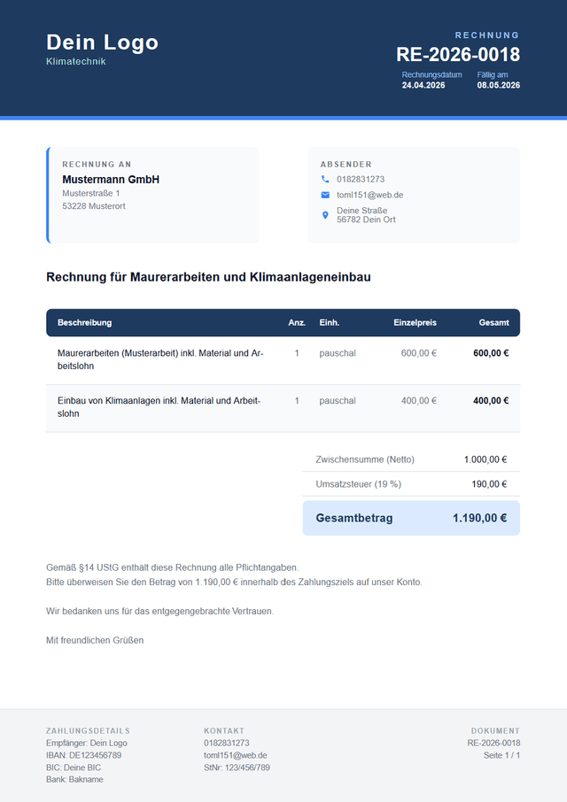 Werkr Musterrechnung - GOBD-konforme Rechnungsstellung für Handwerksbetriebe